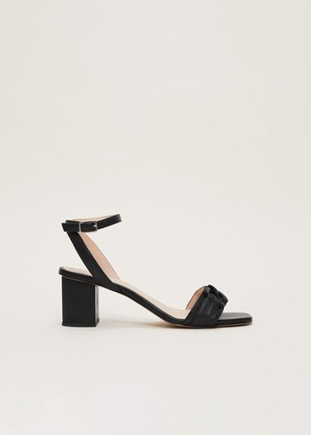 Phase Eight Black Leather Open Toe Block Heels Black Canada | SZUAKO-263